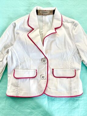 Burberry White Cropped Blazer with Pink Piping